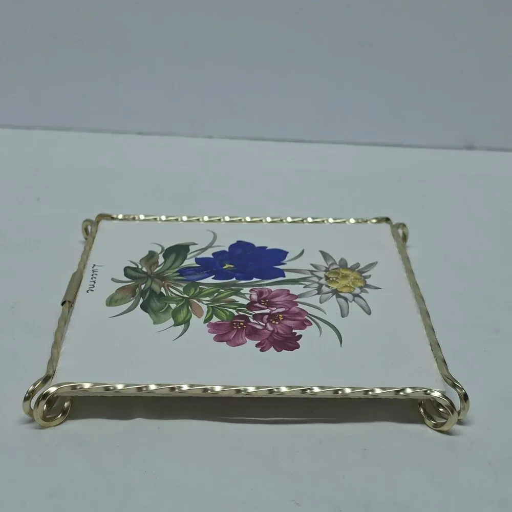 Vintage Floral Ceramic Tile Trivet Stand Coaster France Gold Toneetal Frame Boho